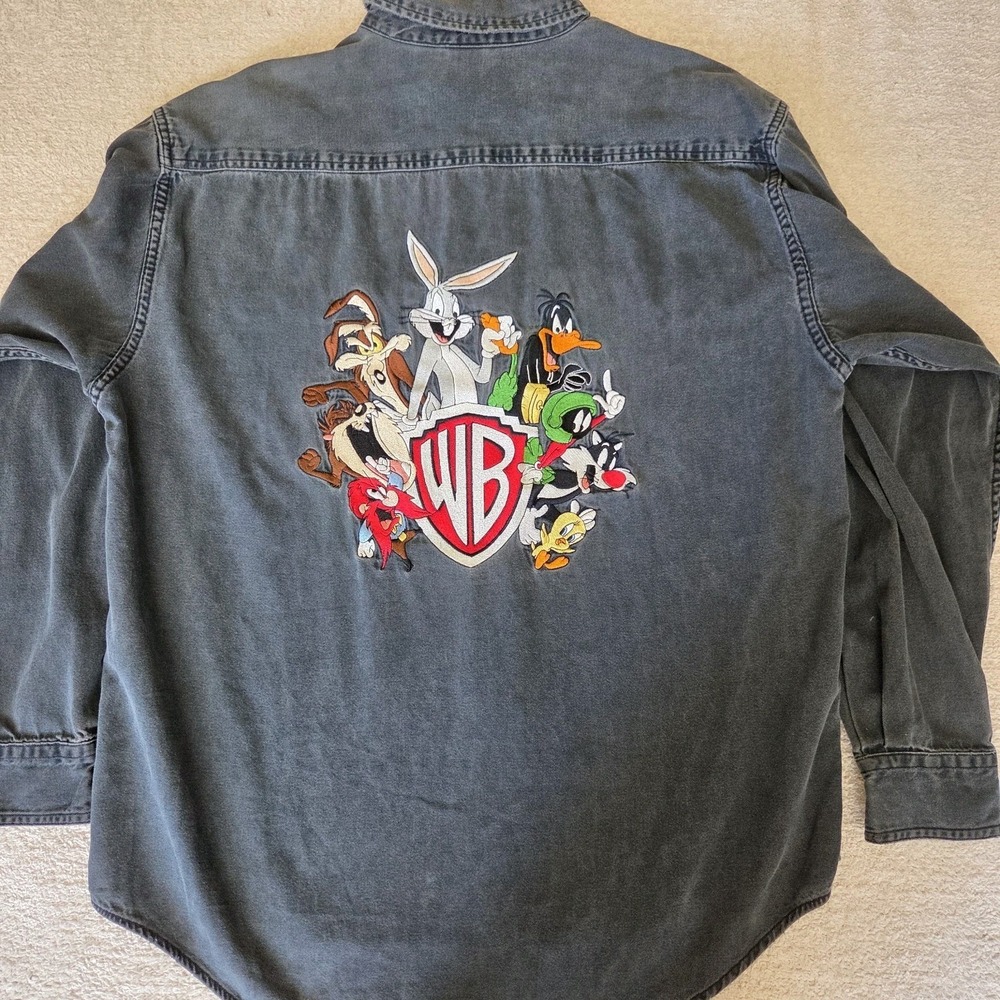 Vintage Warner Brothers Looney Tunes Black Denim Button Up Sz  Large